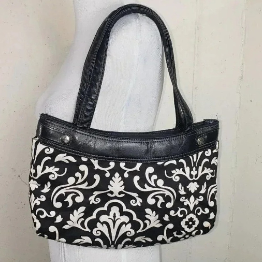 Thirty One Black White Damask Floral Shoulder Bag Purse Leather‎ Trim